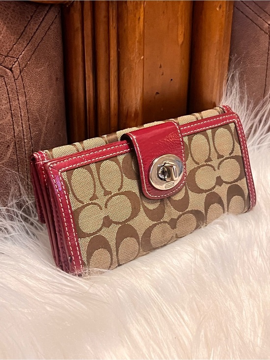 Coach Handbags - Coach Beige Signature Canvas Wallet with Red Patent Trim